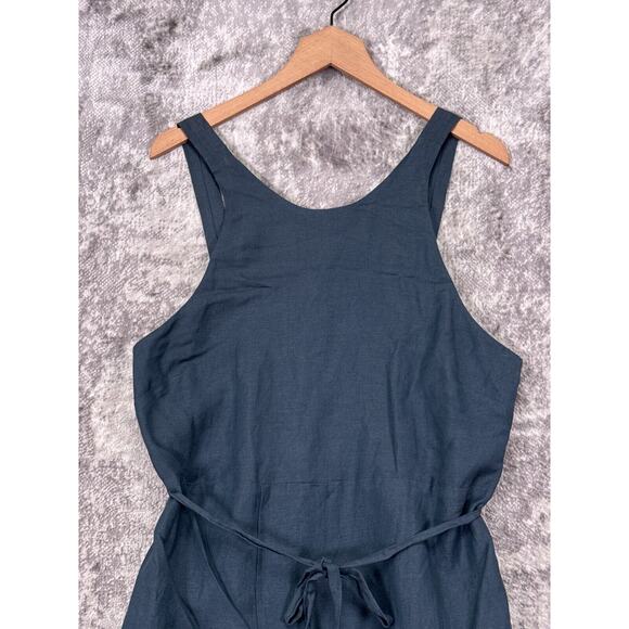First Rite Dress Large Womens Blue Linen Blend Sleeveless Cross Front Midi - Picture 2 of 8